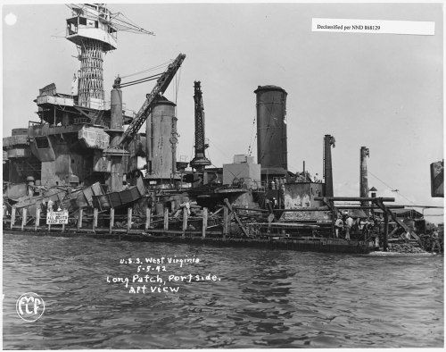 1142px-USS West Virginia 5-5-42 Long patch port side aft view FCF - NARA - 296912